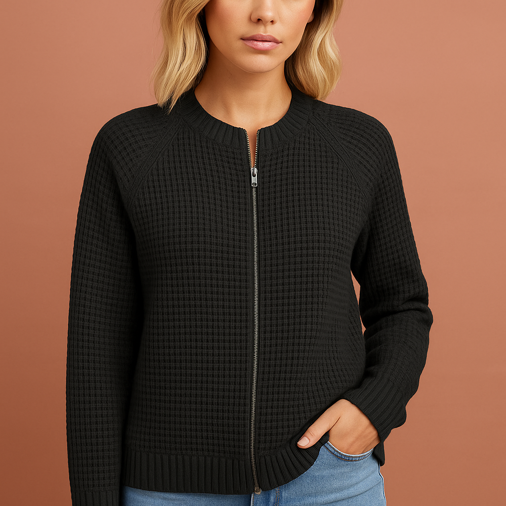 Women’s knitted zip cardigan in black with round neck and modern design, soft and comfortable for casual and stylish outfits.