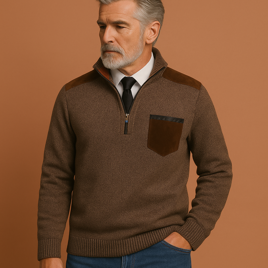 Men’s pullover sweater in brown with chest pocket and half-zip collar, soft and comfortable for casual and stylish outfits.