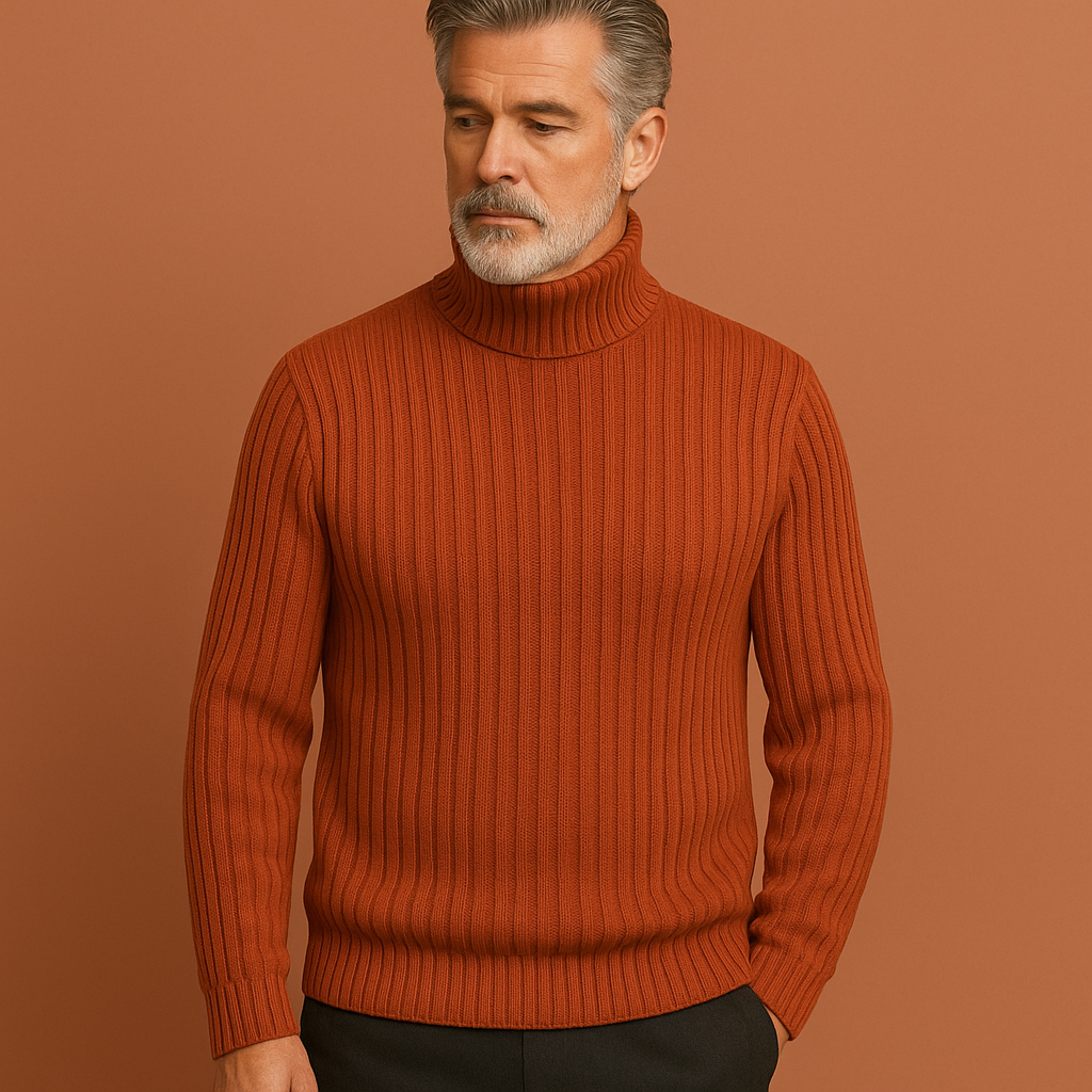 Men’s turtleneck sweater in brown with minimalist design, soft and comfortable for casual and stylish outfits.