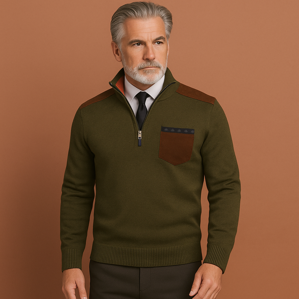 Men’s pullover sweater in dark green with chest pocket and half-zip collar, soft and comfortable for casual and stylish outfits.