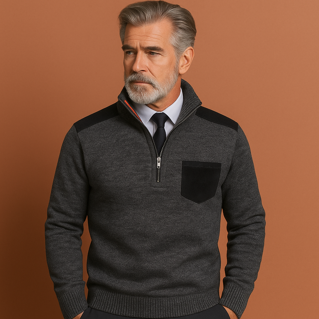 Men’s pullover sweater in grey with chest pocket and half-zip collar, soft and comfortable for casual and stylish outfits.