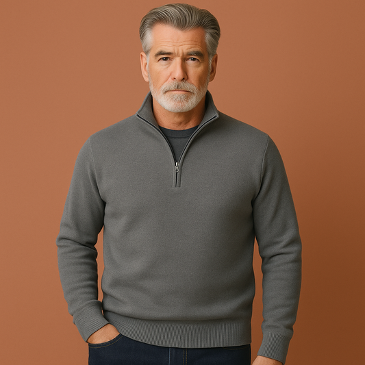 Men’s quarter-zip sweater in dark grey with classic design, soft and comfortable for casual and stylish outfits.
