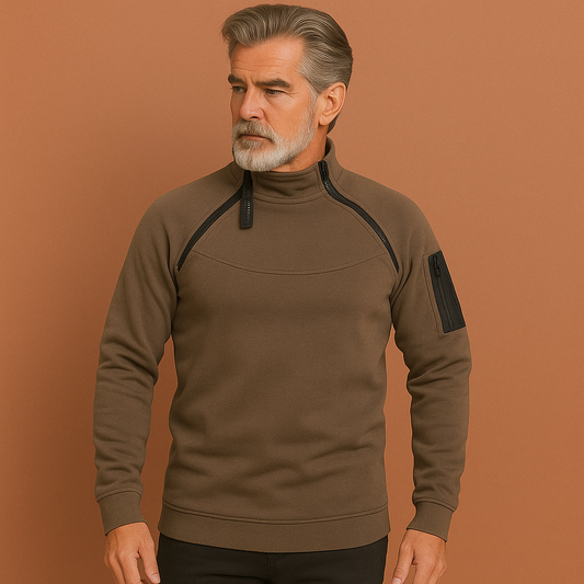 Men’s windproof tactical fleece sweater in dark grey, soft and comfortable for outdoor and casual outfits.
