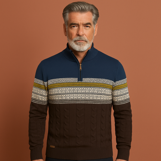Men’s knitted jumper in denim blue with Nordic pattern and half zipper, soft and comfortable for casual and stylish outfits.Fashion