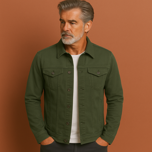 Men’s denim jacket in green with classic collar, soft and comfortable for casual and stylish outfits.