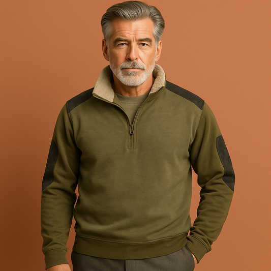 Men’s vintage half-zip sweater in green with contrasting shoulders, soft and comfortable for casual and stylish outfits.