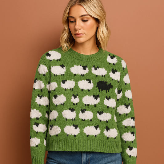 Women’s retro knitted jumper in green with sheep pattern, soft and comfortable for casual and stylish outfits.