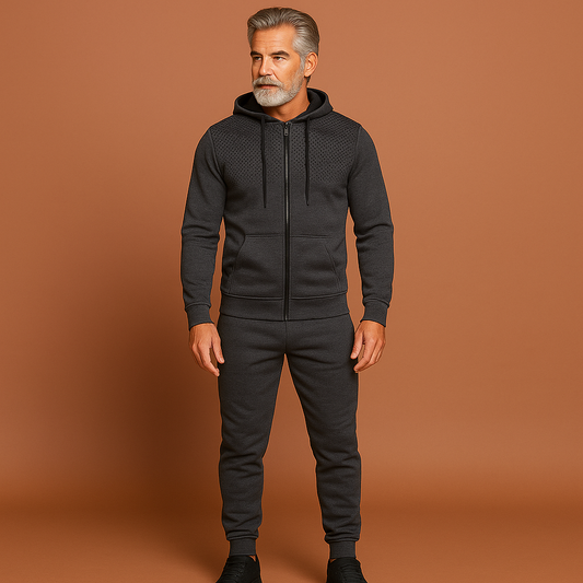 Men’s slim fit tracksuit in grey with sporty design, breathable and comfortable for active and casual outfits.