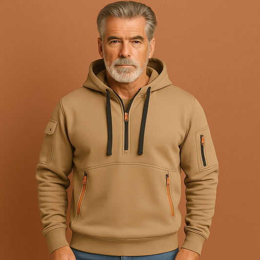 Men’s functional hoodie in khaki with multiple pockets, soft and comfortable for casual and outdoor outfits.