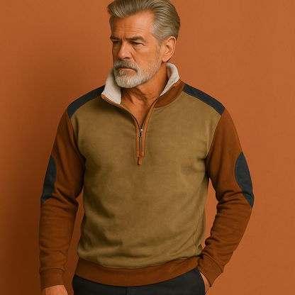 Men’s vintage half-zip sweater in light brown with contrasting shoulders, soft and comfortable for casual and stylish outfits.