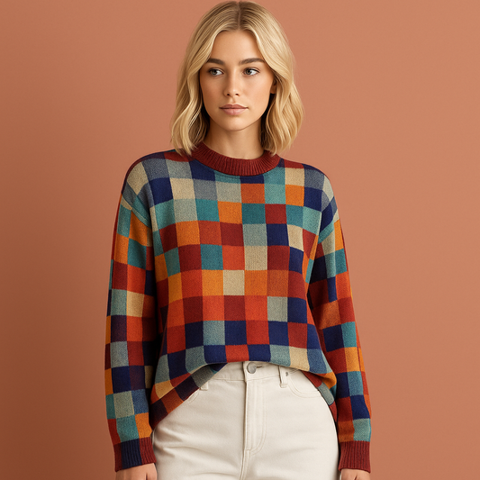 Women’s knitted sweater in multicolor with check pattern, soft and comfortable for casual and stylish outfits.