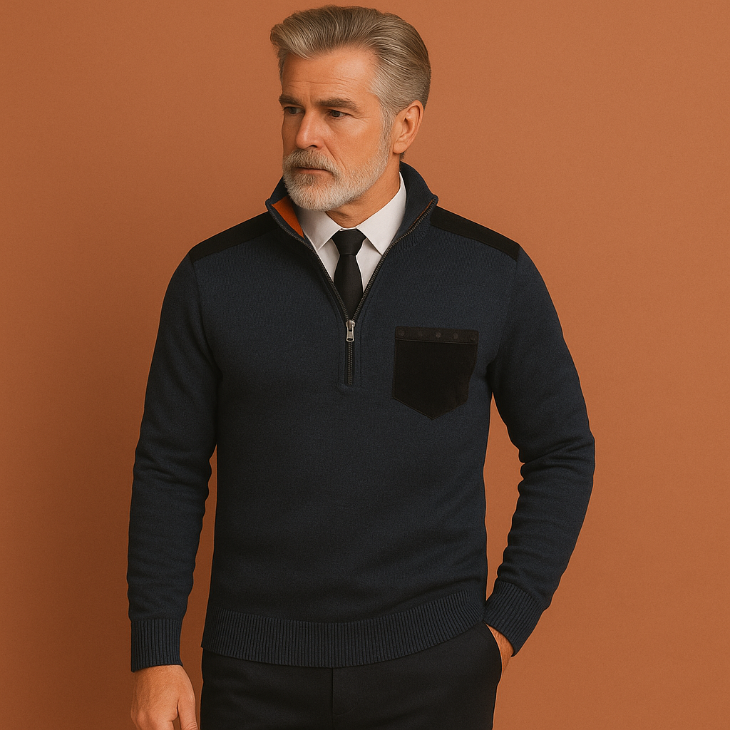 Men’s pullover sweater in blue with chest pocket and half-zip collar, soft and comfortable for casual and stylish outfits.