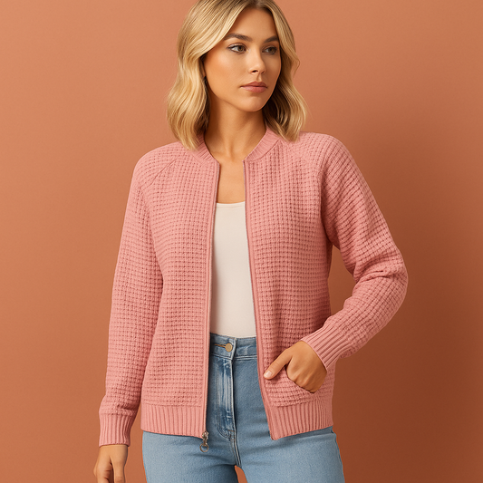 Women’s knitted zip cardigan in pink with round neck and modern design, soft and comfortable for casual and stylish outfits.