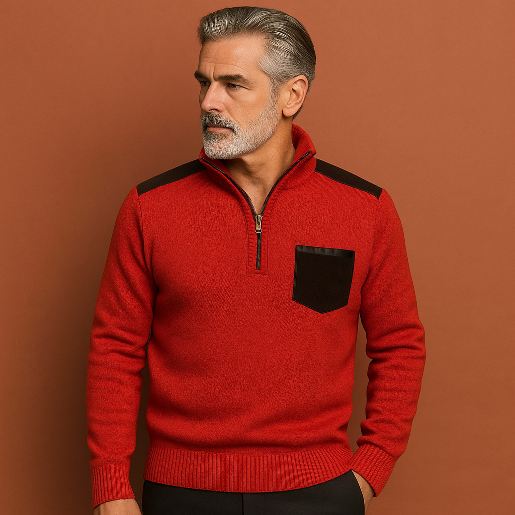 Men’s pullover sweater in red with chest pocket and half-zip collar, soft and comfortable for casual and stylish outfits.