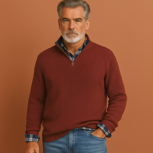 Men’s zipped pullover sweater in red with minimalist design, soft and comfortable for casual and stylish outfits.