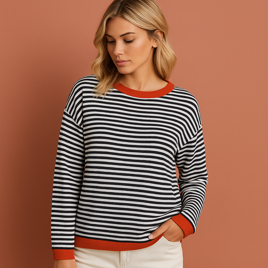 Women’s striped sweater in beige with relaxed fit, soft and breathable for casual and stylish outfits.