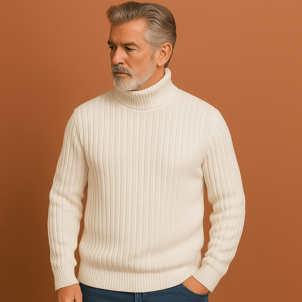 Men’s turtleneck sweater in white with minimalist design, soft and comfortable for casual and stylish outfits.