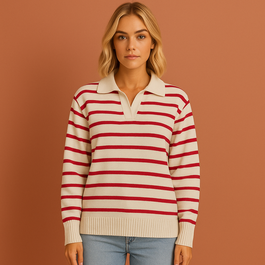 Women’s long sleeve polo in wine red with striped design, soft and comfortable for casual and stylish outfits.